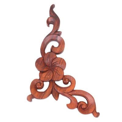 Alternate image for Floral Wood Relief Panel Hand Carved in Indonesia Plumeria Vine