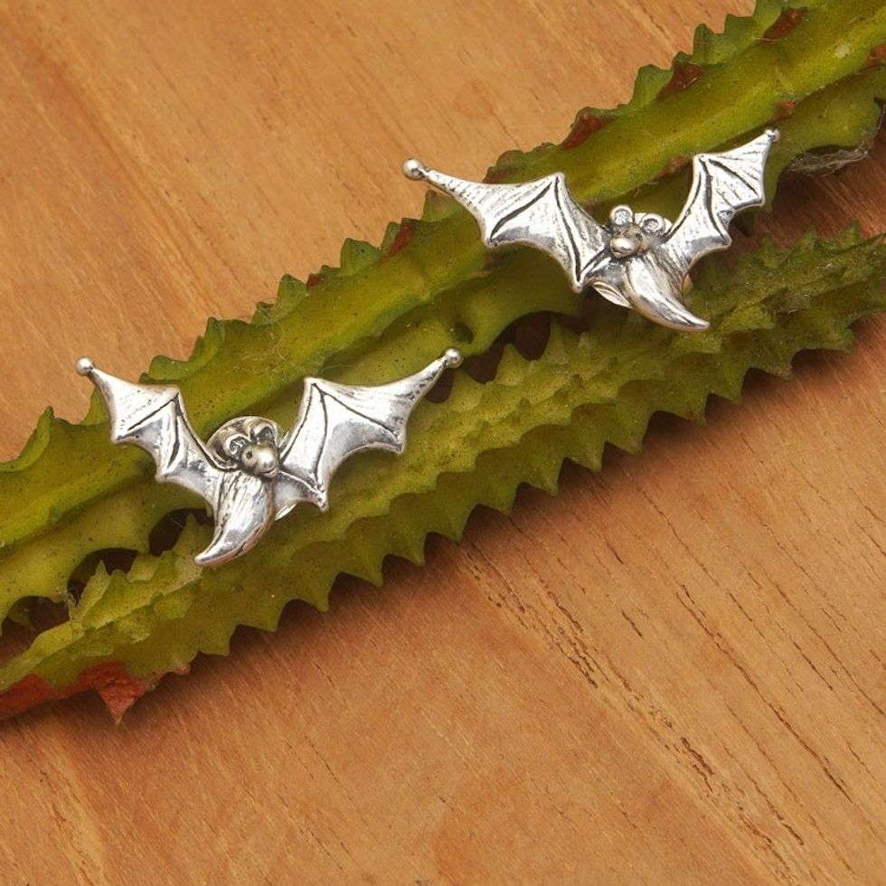 Polished Bat-Themed Sterling Silver Button Earrings 'Ethereal Bats'