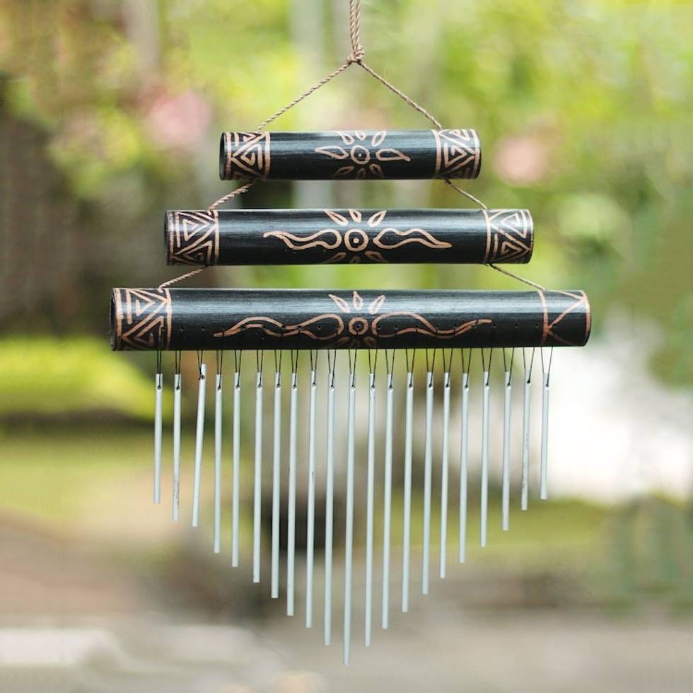 Sun Motif Bamboo Wind Chimes in Black from Bali 'Breezy Sound'
