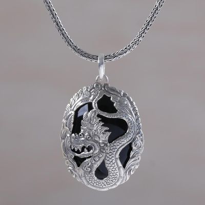 Alternate image for Onyx and Sterling Silver Dragon Pendant Necklace from Bali Lord of Dragons