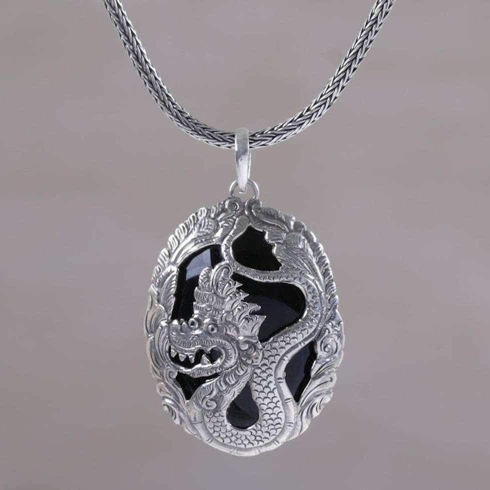 Onyx and Sterling Silver Dragon Pendant Necklace from Bali 'Lord of Dragons'