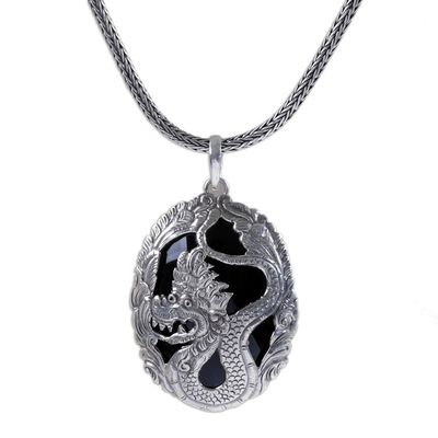 Alternate image for Onyx and Sterling Silver Dragon Pendant Necklace from Bali Lord of Dragons
