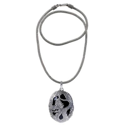 Alternate image for Onyx and Sterling Silver Dragon Pendant Necklace from Bali Lord of Dragons