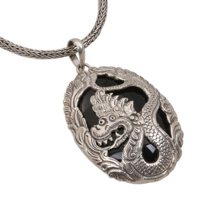Alternate image for Onyx and Sterling Silver Dragon Pendant Necklace from Bali Lord of Dragons