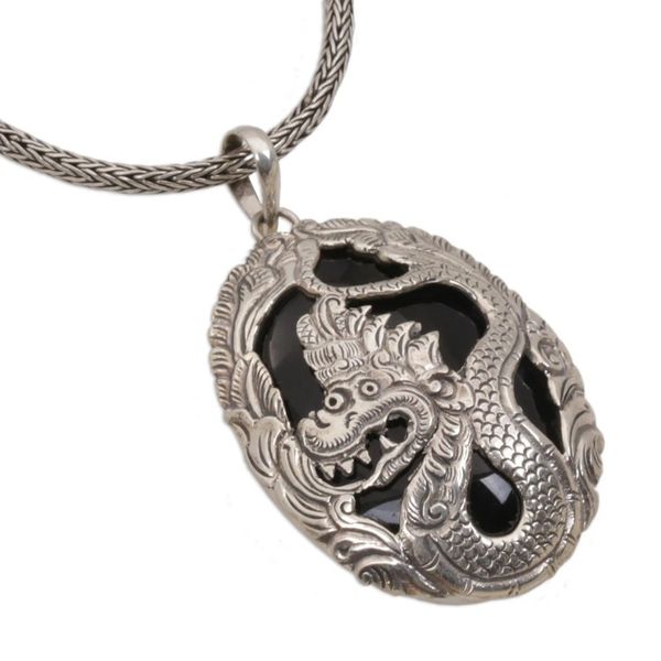 Alternate image for Onyx and Sterling Silver Dragon Pendant Necklace from Bali Lord of Dragons