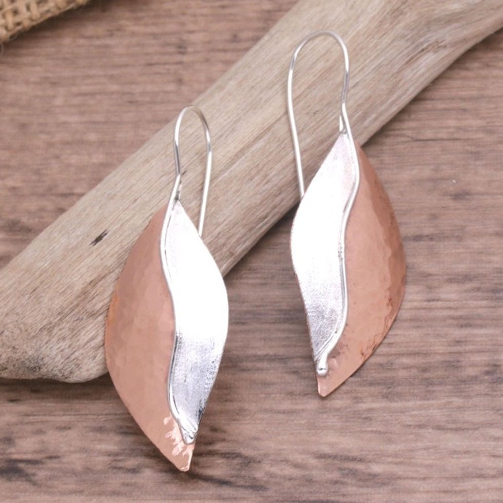 Leaf-Shaped Drop Earrings with Rose Gold Accents 'Rose Autumn Leaves'