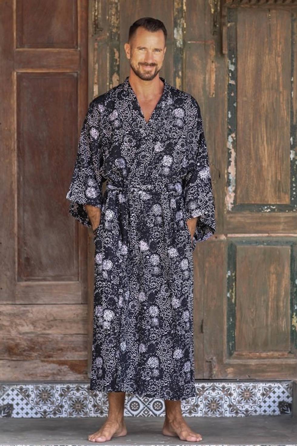 Men's Black Batik Patterned Robe 'Midnight Stars'