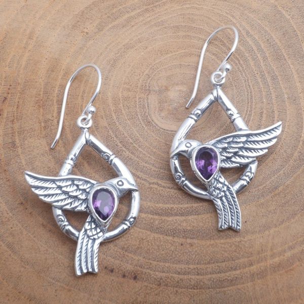 Alternate image for Dove-Themed Faceted Amethyst Dangle Earrings from Bali Bamboo Doves
