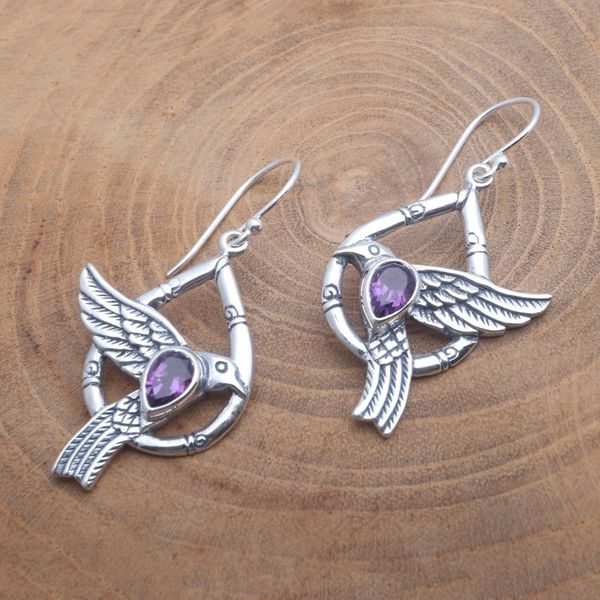 Alternate image for Dove-Themed Faceted Amethyst Dangle Earrings from Bali Bamboo Doves