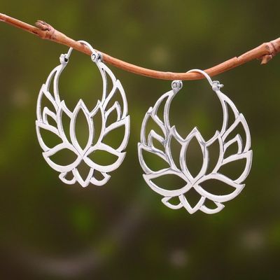 Alternate image for Sterling Silver Lotus Flower Hoop Earrings 1.5 inch Elegant Padma