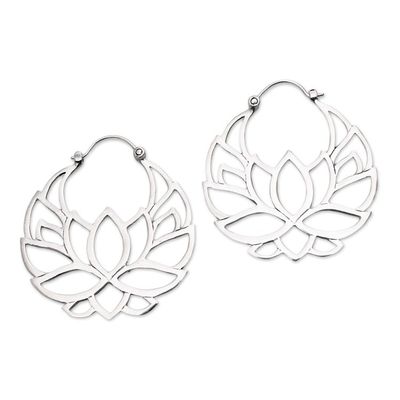 Alternate image for Sterling Silver Lotus Flower Hoop Earrings 1.5 inch Elegant Padma