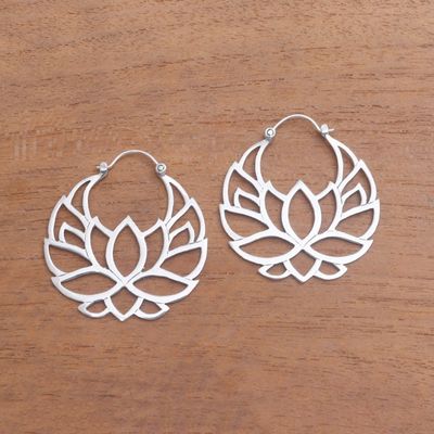 Alternate image for Sterling Silver Lotus Flower Hoop Earrings 1.5 inch Elegant Padma