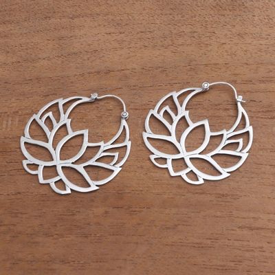 Alternate image for Sterling Silver Lotus Flower Hoop Earrings 1.5 inch Elegant Padma