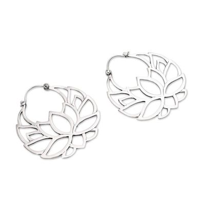Alternate image for Sterling Silver Lotus Flower Hoop Earrings 1.5 inch Elegant Padma