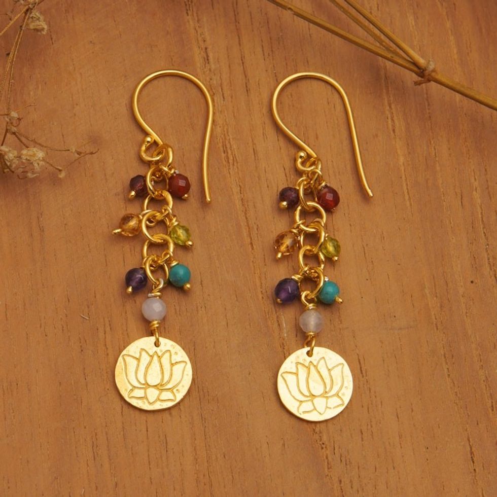 18k Gold-Plated Multi-Gemstone Beaded Dangle Earrings 'Chakra of Paradise'