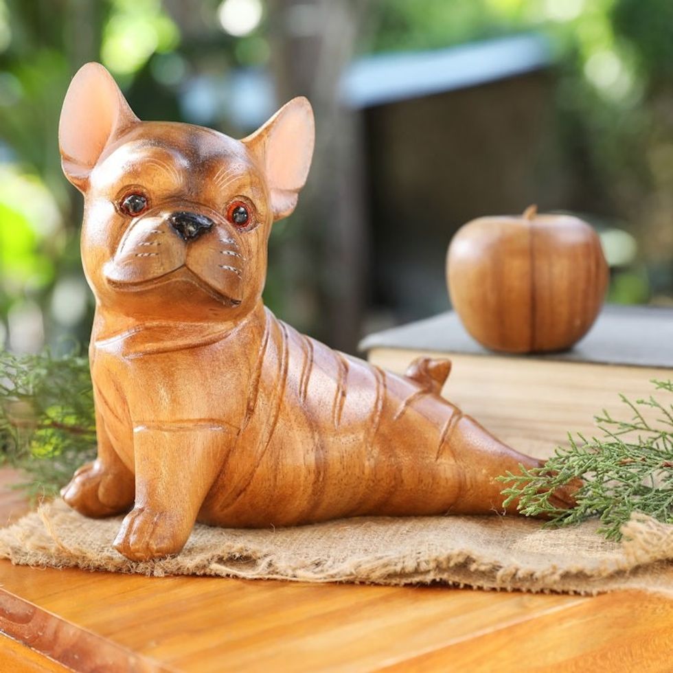 Hand-Carved Suar Wood Figurine of Stretching Brown Bulldog 'Stretching Brown Bulldog'