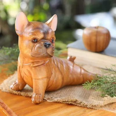 Alternate image for Hand-Carved Suar Wood Figurine of Stretching Brown Bulldog Stretching Brown Bulldog