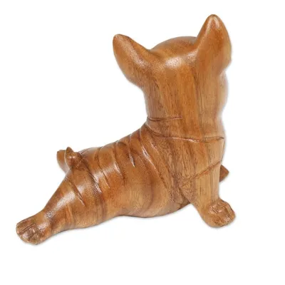 Alternate image for Hand-Carved Suar Wood Figurine of Stretching Brown Bulldog Stretching Brown Bulldog
