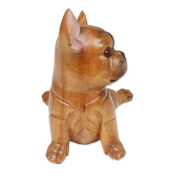 Alternate image for Hand-Carved Suar Wood Figurine of Stretching Brown Bulldog Stretching Brown Bulldog