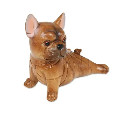 Alternate image for Hand-Carved Suar Wood Figurine of Stretching Brown Bulldog Stretching Brown Bulldog