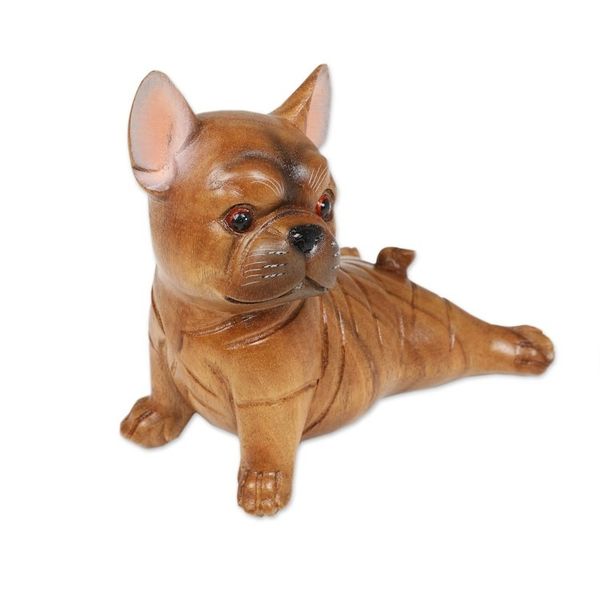 Alternate image for Hand-Carved Suar Wood Figurine of Stretching Brown Bulldog Stretching Brown Bulldog