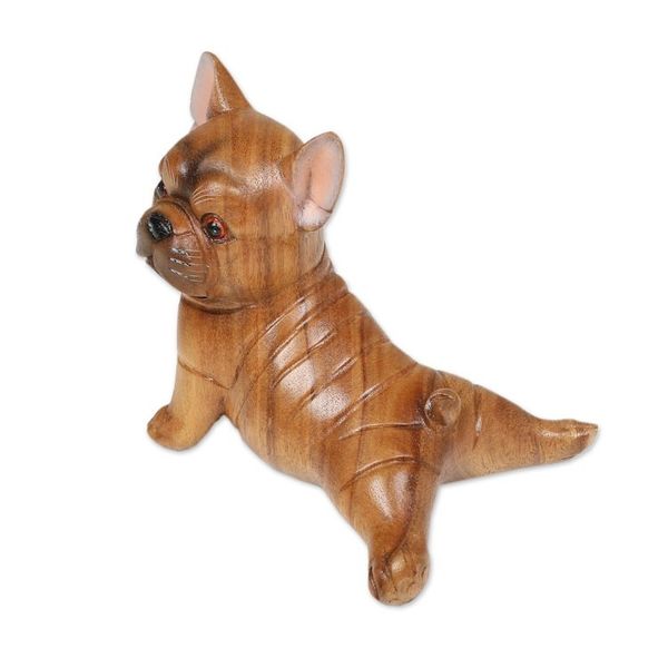 Alternate image for Hand-Carved Suar Wood Figurine of Stretching Brown Bulldog Stretching Brown Bulldog