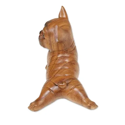Alternate image for Hand-Carved Suar Wood Figurine of Stretching Brown Bulldog Stretching Brown Bulldog