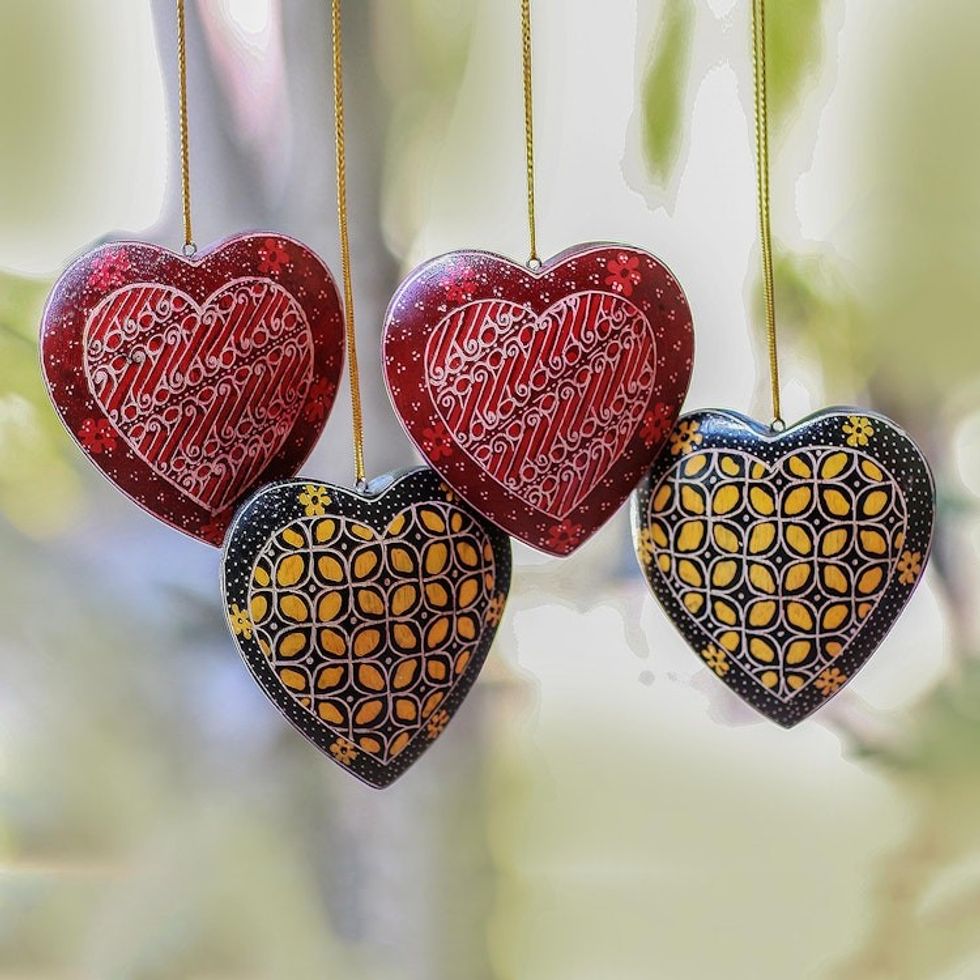 Traditional Batik Wood Heart Ornaments from Java Set of 4 'Traditional Hearts'