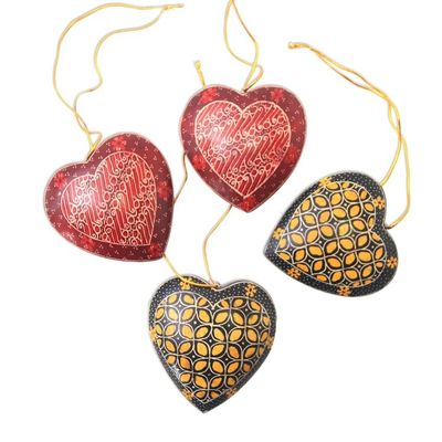 Alternate image for Traditional Batik Wood Heart Ornaments from Java Set of 4 Traditional Hearts