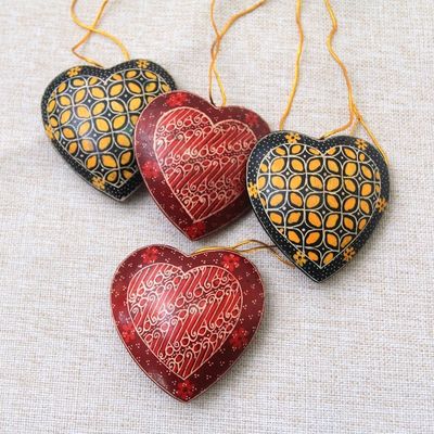 Alternate image for Traditional Batik Wood Heart Ornaments from Java Set of 4 Traditional Hearts