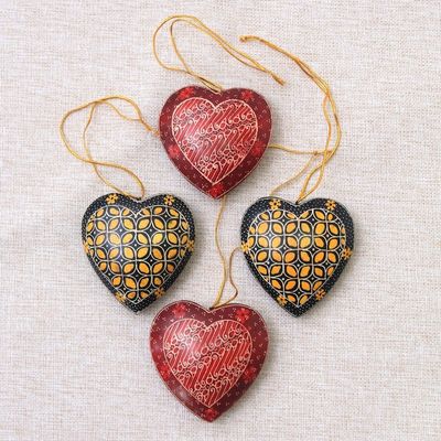 Alternate image for Traditional Batik Wood Heart Ornaments from Java Set of 4 Traditional Hearts