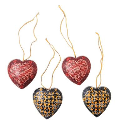 Alternate image for Traditional Batik Wood Heart Ornaments from Java Set of 4 Traditional Hearts