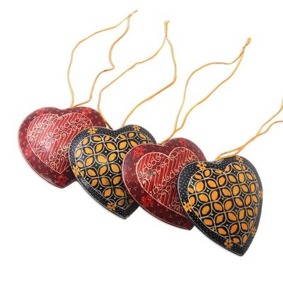 Alternate image for Traditional Batik Wood Heart Ornaments from Java Set of 4 Traditional Hearts