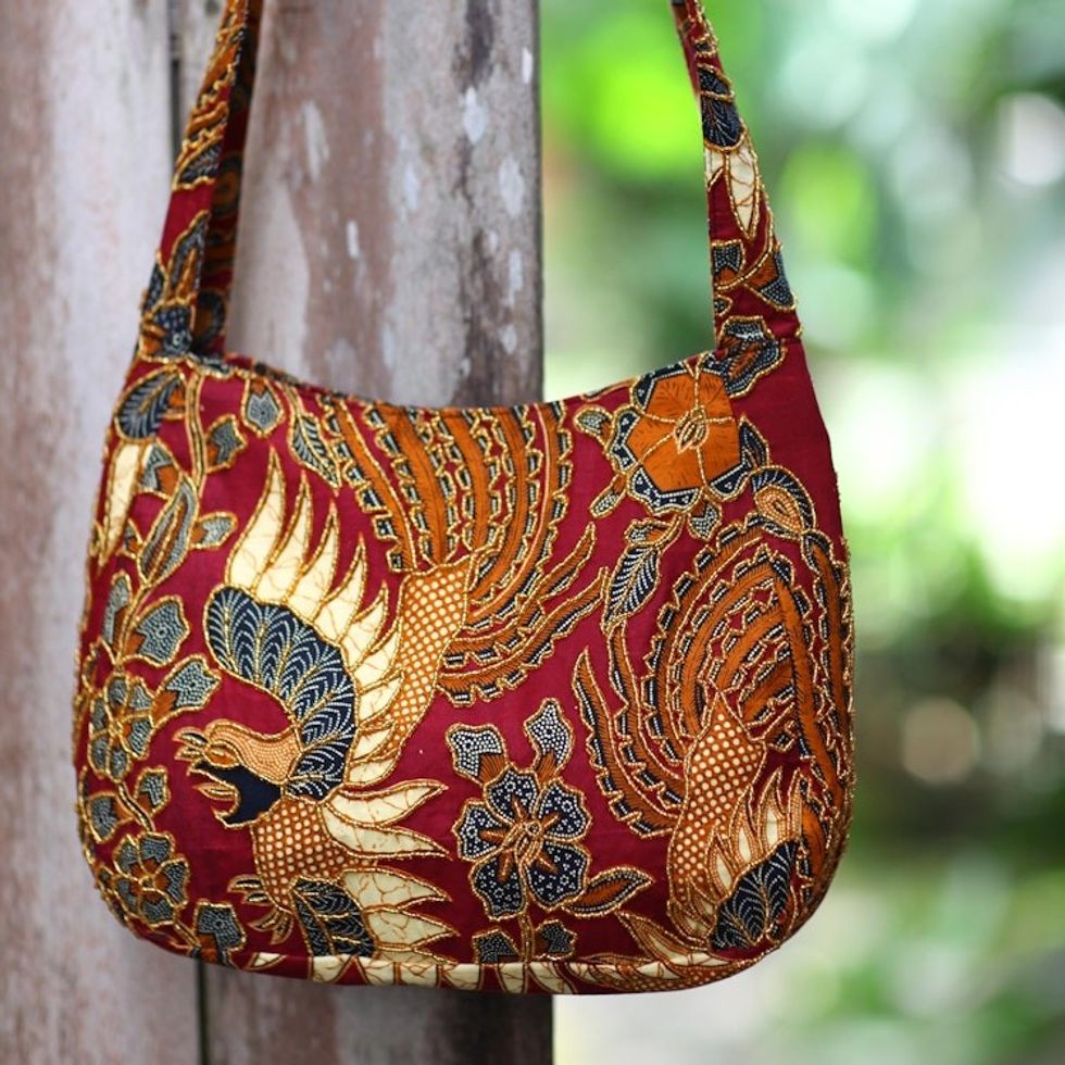 Beaded Red Cotton Batik Shoulder Bag 'King's Bird'