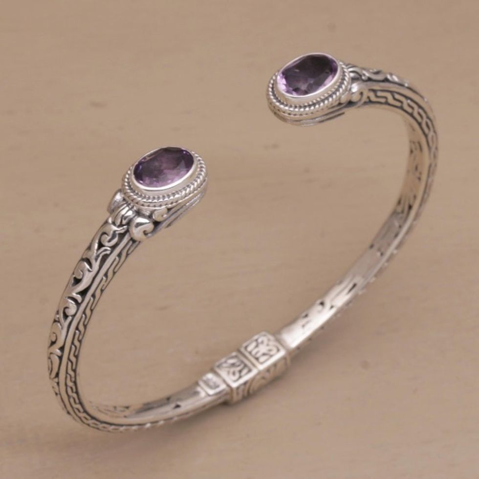 Modern Balinese Amethyst and 925 Silver Cuff Bracelet 'Magical Attraction'