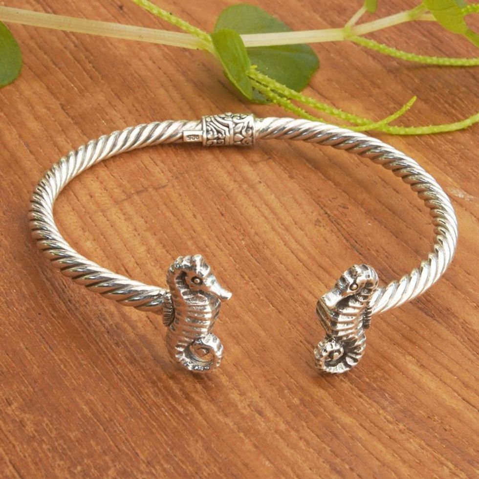 Seahorse-Themed Sterling Silver Cuff Bracelet from Bali 'Twin Seahorses'