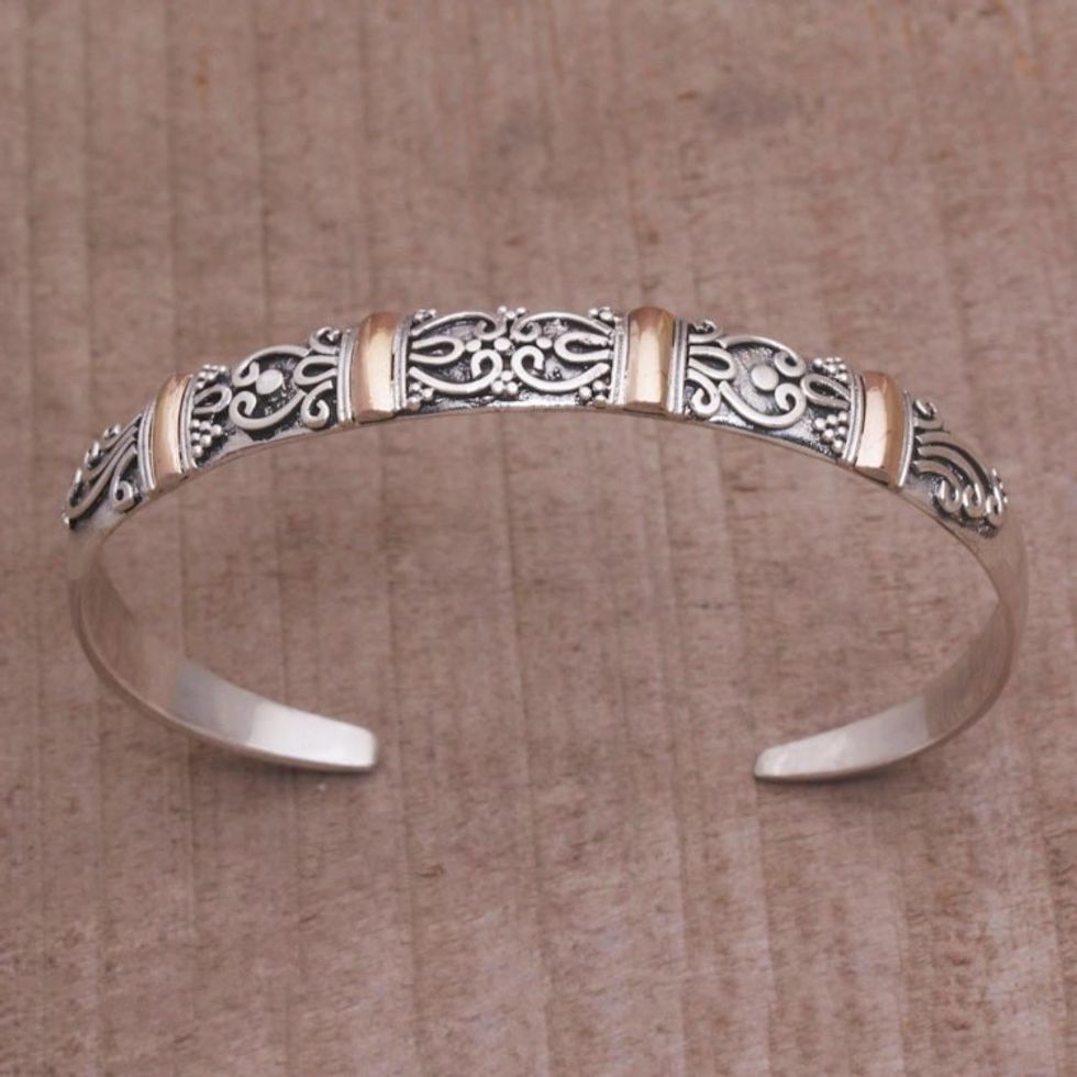 18k Gold Accent Sterling Silver Cuff Bracelet from Bali 'Merajan Mystique'