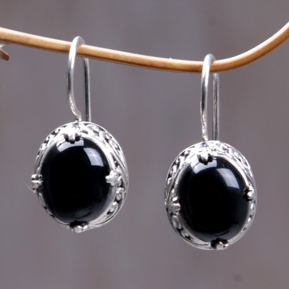 Onyx Sterling Silver Drop Earrings 'Angelic Aura'