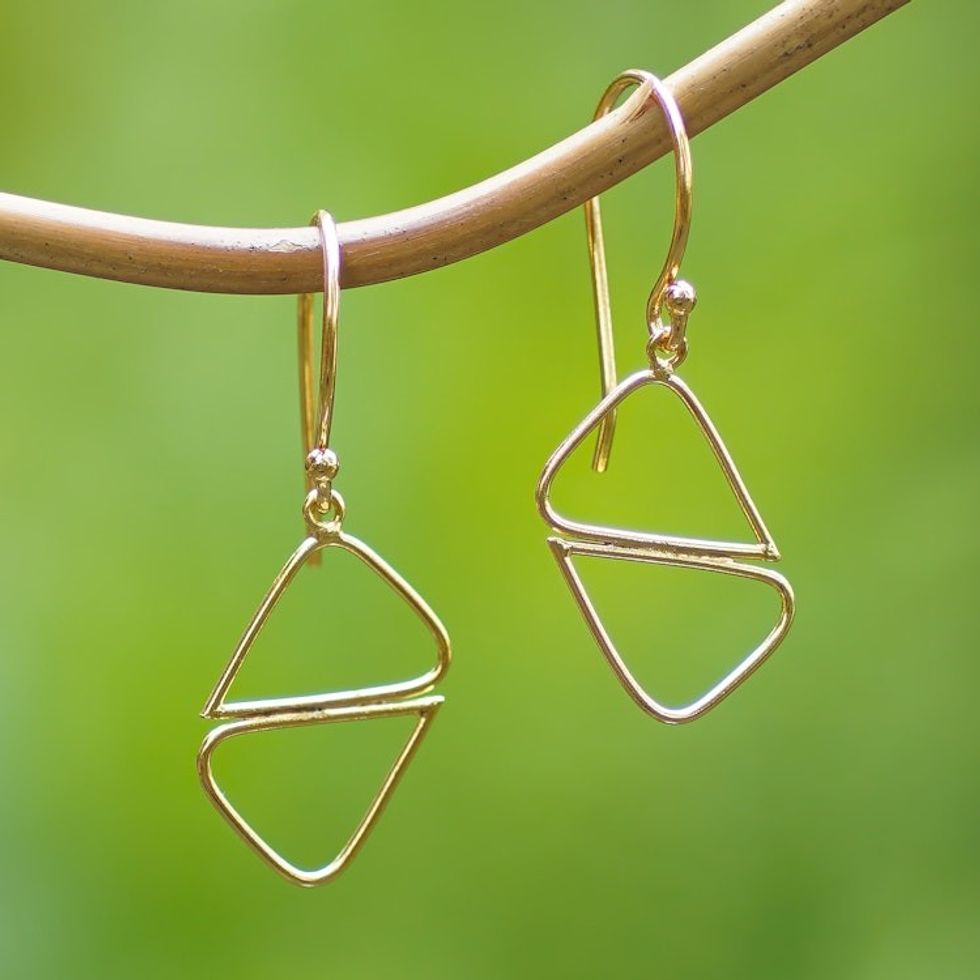 Geometric 18k Gold-Plated Brass Dangle Earrings from Bali 'Harmonious Dimensions'