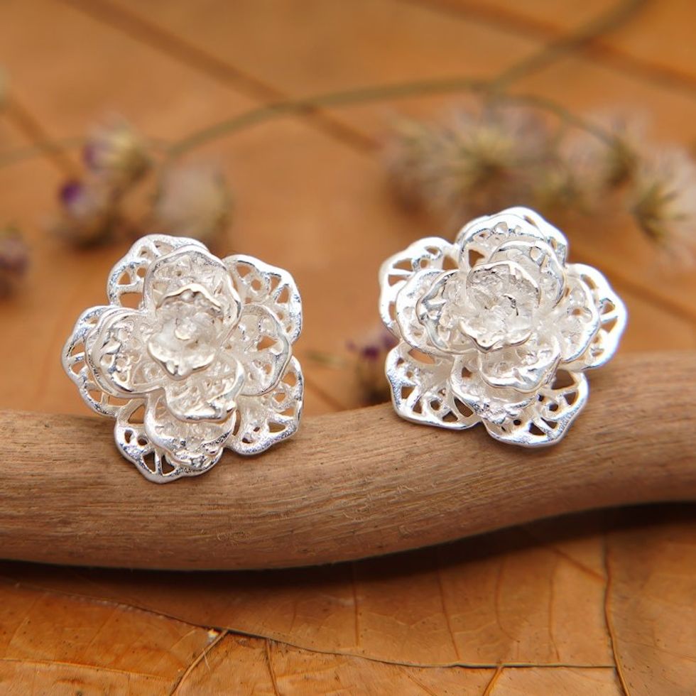 Polished Floral Sterling Silver Button Earrings 'Wintry Rose'