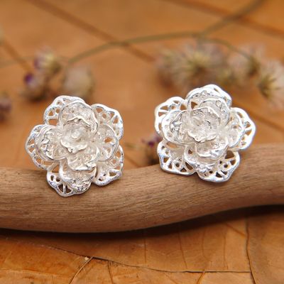 Alternate image for Polished Floral Sterling Silver Button Earrings Wintry Rose