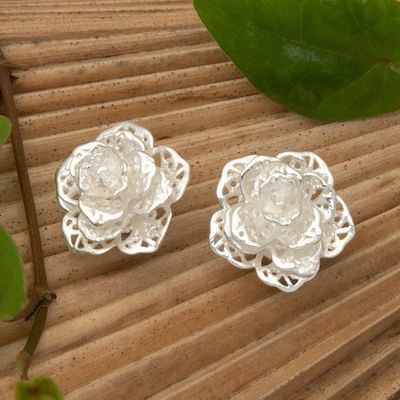 Alternate image for Polished Floral Sterling Silver Button Earrings Wintry Rose