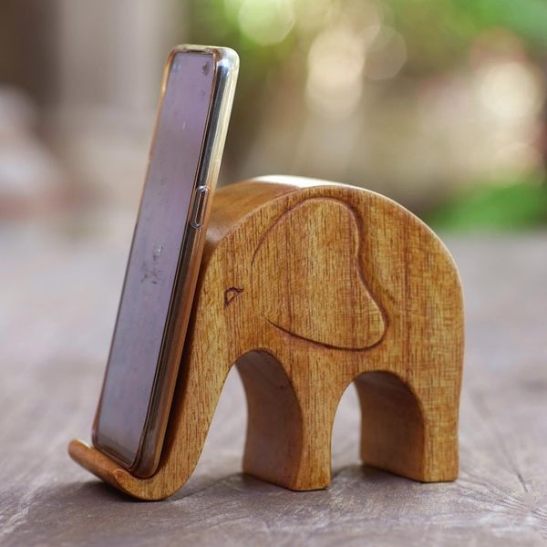 Alternate image for Handmade Jempinis Wood Elephant Phone Stand Dialing Elephant