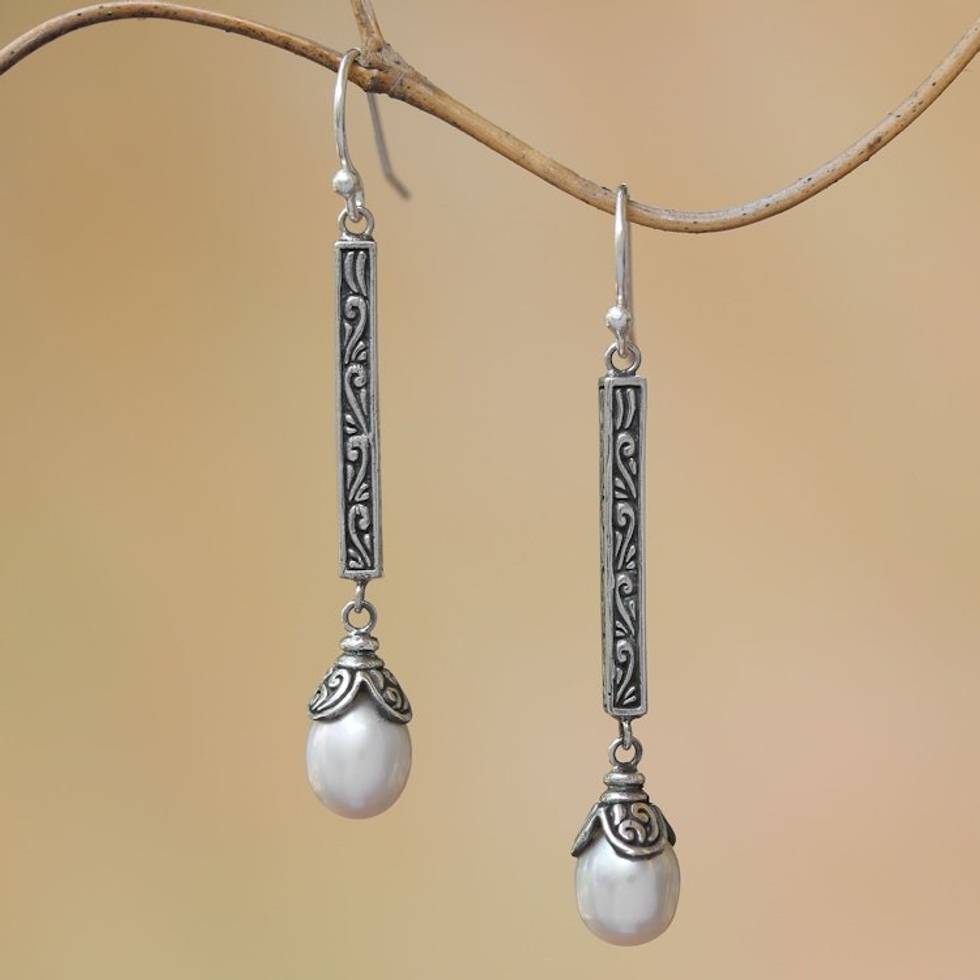 Sterling Silver Cultured Pearl Elongated Dangle Earrings 'Mermaid Melody'