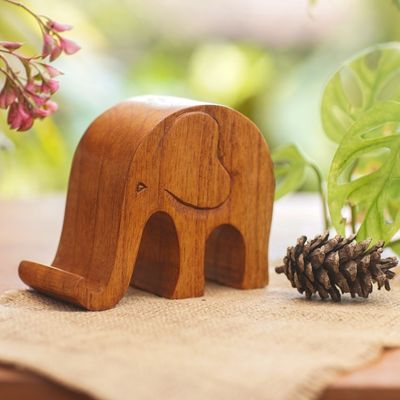 Alternate image for Handmade Jempinis Wood Elephant Phone Stand Dialing Elephant