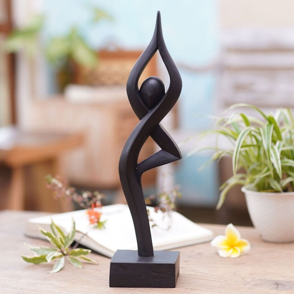 Black Hand-Carved Suar Wood Praying Abstract Sculpture 'Abstract Praying'