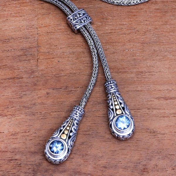 Alternate image for Gold Accented Blue Topaz Lariat Necklace from Bali Twin Sparkle