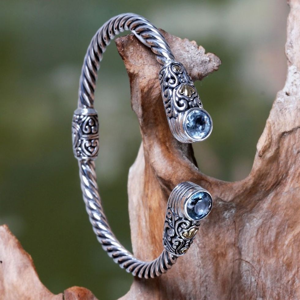 Sterling Silver Hinged Cuff Bracelet with Blue Topaz 'Sukawati Secret'