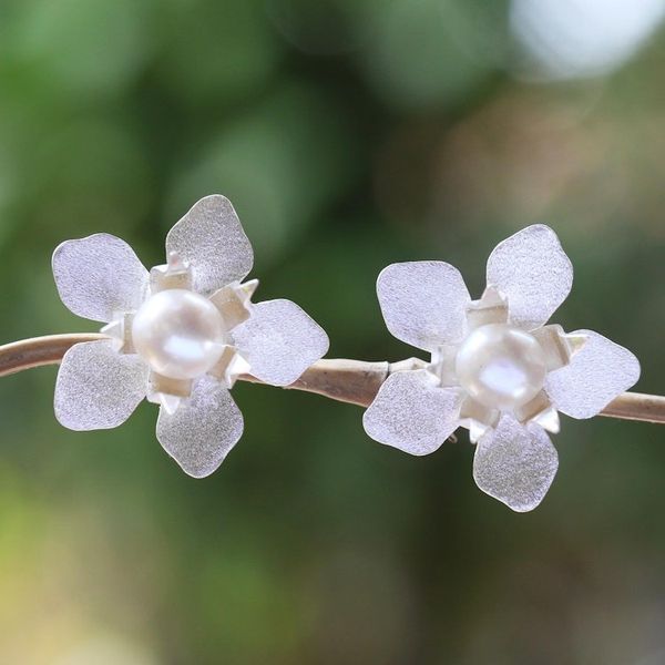 Alternate image for Floral Cultured Pearl Button Earrings Crafted in Bali Flower Delight