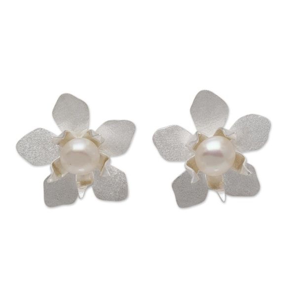 Alternate image for Floral Cultured Pearl Button Earrings Crafted in Bali Flower Delight